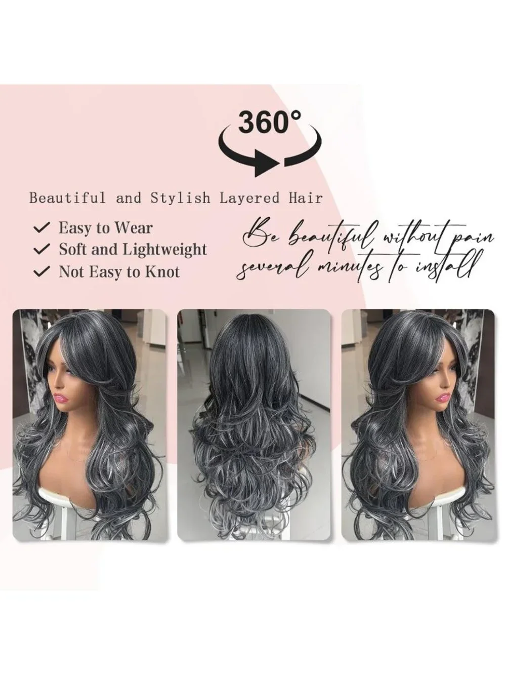 Women's Dark Grey Long Blonde Wavy Synthetic Platinum Layered Classic Wigs